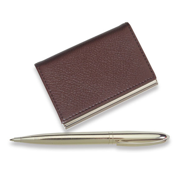 Leather Business Card Holder & Pen Set